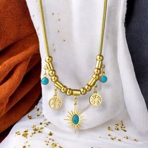 🆕18K Gold Plated Stainless Steel Turquoise Necklace Sun Tree Of Life Charms